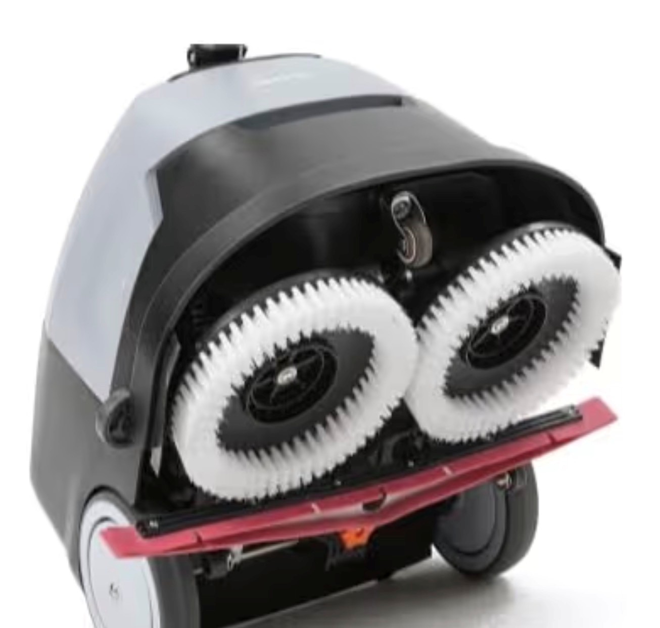 Underside of small auto scrubber with double squeegee for home and small retail spaces